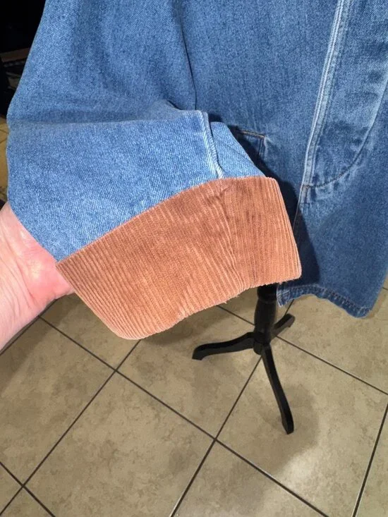Vintage Retro 90s Denim Barn Chore Jacket Coat Corduroy Collar Cuff Womens L - Picture 5 of 9